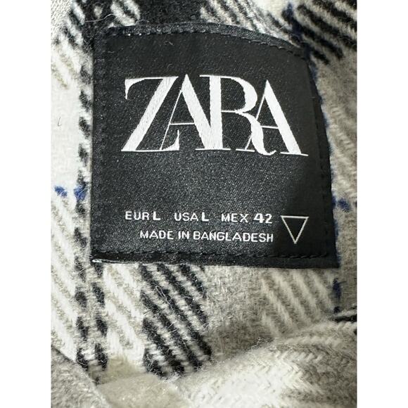 Zara Men's Plaid Shacket Button Up Hooded Shirt Jacket Cream Gray Black size L - Picture 4 of 12